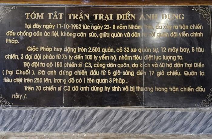 Tấm bia tại di tích Cách mạng Trại Diền ghi lại tóm tắt trận chiến đấu anh dũng, kiên cường giữa quân và dân ta với thực dân Pháp xâm lược. Ảnh: PV