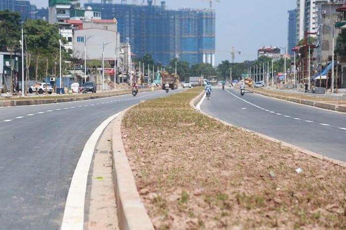 Dải phân cách giữa được đổ đất, một số đoạn đã trồng cây xanh và tạo cảnh quan hạ tầng.