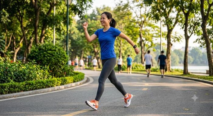 Khi đi bộ, động tác đánh tay không chỉ giúp giữ thăng bằng mà còn phối hợp với bước chân để tạo nhịp vận động tự nhiên. Ảnh minh họa AI.