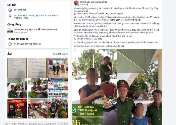 Bài đăng tìm người nhà cho cháu bé trên trang Facebook "Vì Bình yên phường Bạch Mai" nhanh chóng nhận được sự quan tâm, chia sẻ của cộng đồng mạng.