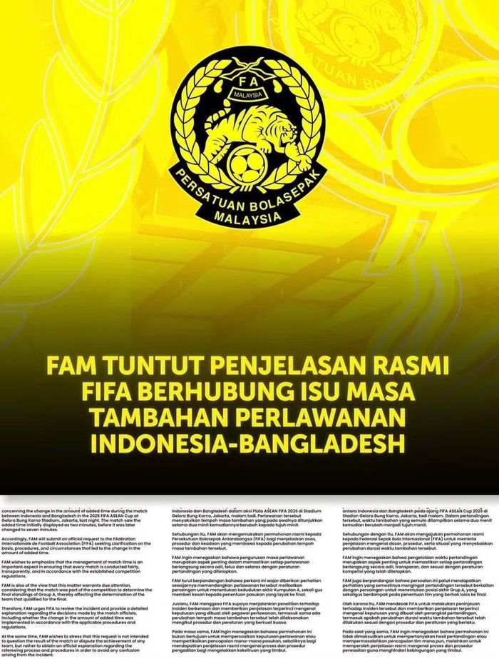 FAM gửi công văn yêu cầu FIFA giải thích vụ cho Indonesia hưởng bù giờ 2 thành 7 phút