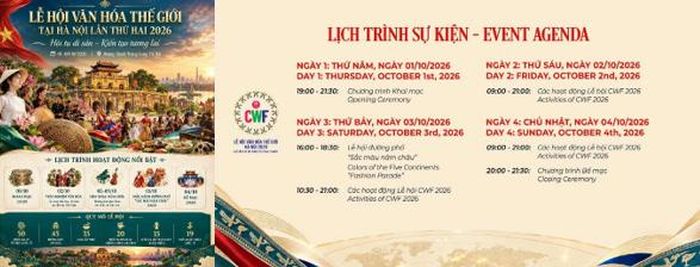 Lịch trình sự kiện “Lễ hội Văn hóa Thế giới tại Hà Nội lần thứ hai diễn ra từ ngày 01 đến 04.10.2026 tại Khu di tích Hoàng thành Thăng Long