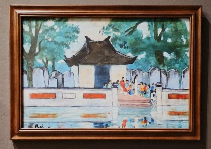Bản in tác phẩm "Thăm Văn Miếu" của họa sĩ Bùi Xuân Phái (sáng tác năm 1984) tại triển lãm Quốc Tử Giám trong nghệ thuật. Ảnh: BTC