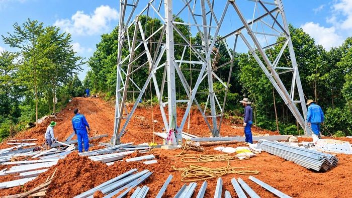 Thi công dựng cột vị trí 95 đường dây 220kV Than Uyên-Lào Cai. (Ảnh: EVNNPT cung cấp)