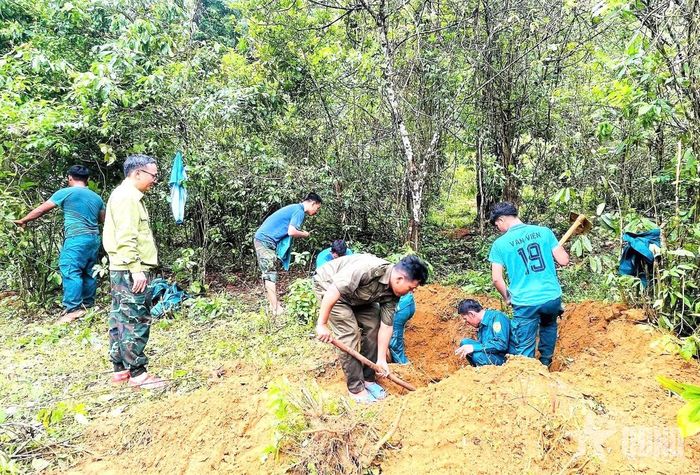 Lực lượng xã Ba Động khai quật tìm hài cốt liệt sĩ.