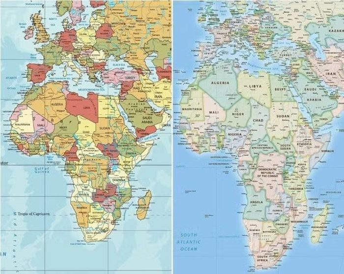 Châu Phi trên bản đồ thế giới truyền thống theo phép chiếu Mercator (trái) và trên bản đồ Equal Earth năm 2018 (phải). Ảnh: Equal Earth