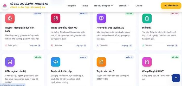 Giao diện cổng giáo dục số Nghệ An.