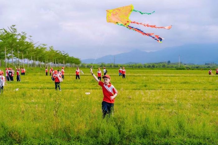 Cánh đồng trở thành không gian vui chơi đầy tiếng cười của học sinh.