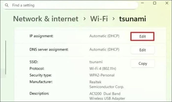 Cuộn xuống tìm IP assignment, sau đó nhấn Edit để mở phần chỉnh sửa.
