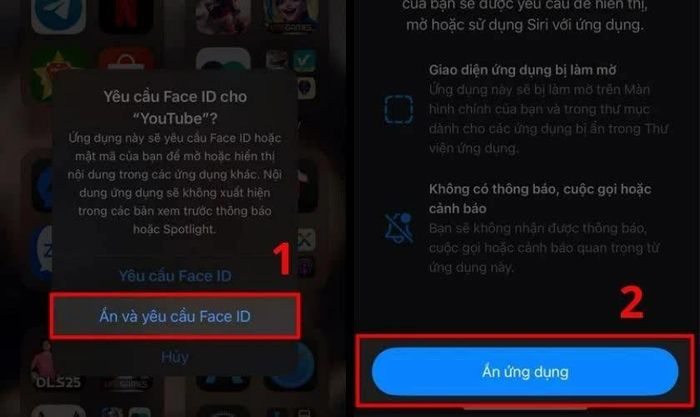 Nhấn Yêu cầu Face ID, tiếp tục chọn Ẩn và yêu cầu Face ID.