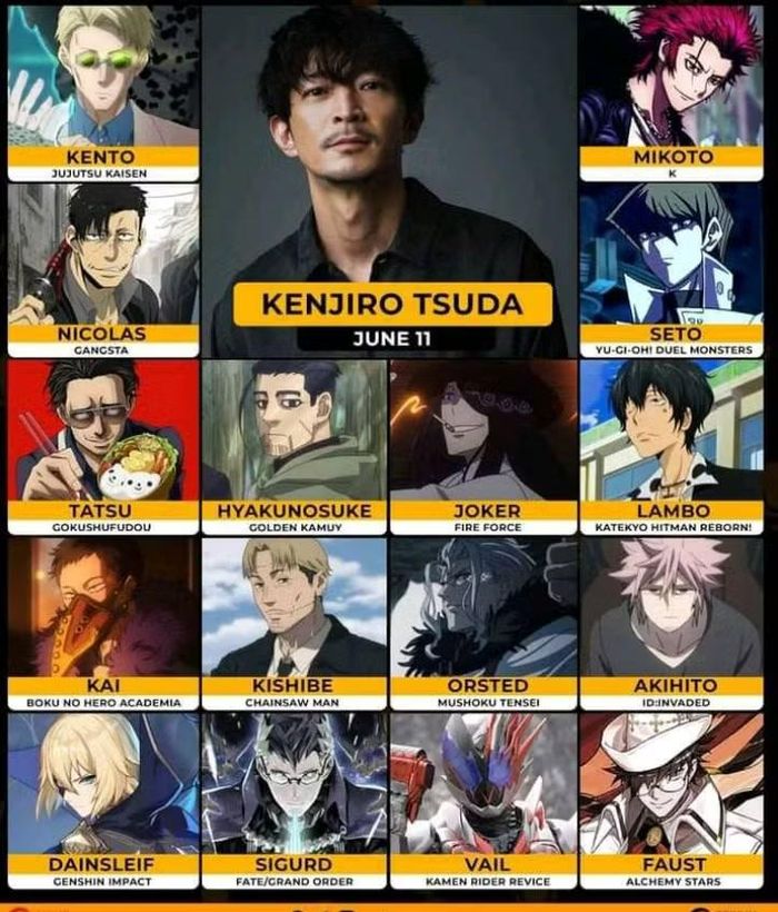 Kenjiro Tsuda được biết đến với chất giọng trầm đặc trưng và từng lồng tiếng cho nhiều nhân vật anime nổi tiếng như Kento Nanami trong Jujutsu Kaisen, Kishibe trong Chainsaw Man và Seto Kaiba trong Yu-Gi-Oh!. Ảnh: Facebook