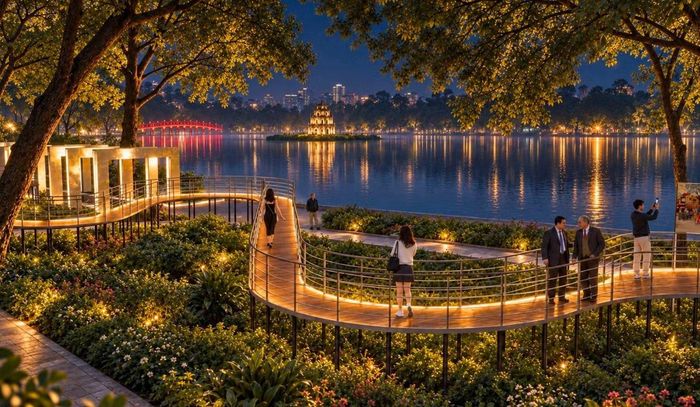 Hình ảnh trung tâm của tác phẩm là một tuyến đi bộ mảnh, uốn lượn qua khu vườn ven hồ như một dải lụa len giữa những thân cây.