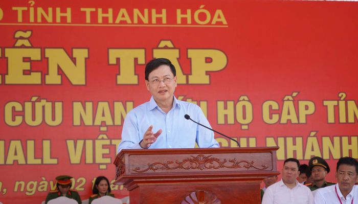 Phó Chủ tịch Thường trực UBND tỉnh Thanh Hóa Mai Xuân Liêm phát biểu tại buổi diễn tập.