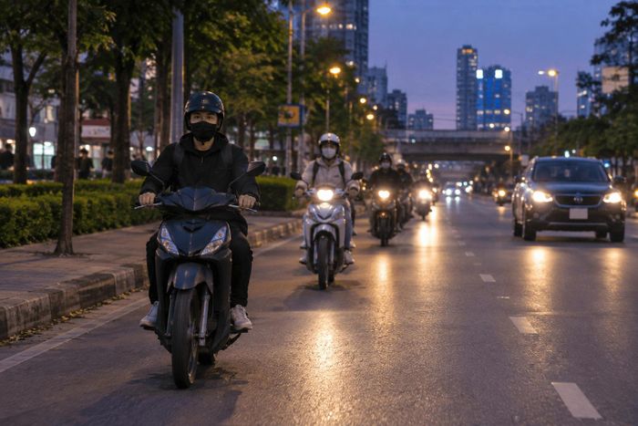 Không bật đèn đúng quy định, người đi xe máy có thể bị phạt đến 14 triệu đồng. (Ảnh minh hoạ tạo bằng AI).