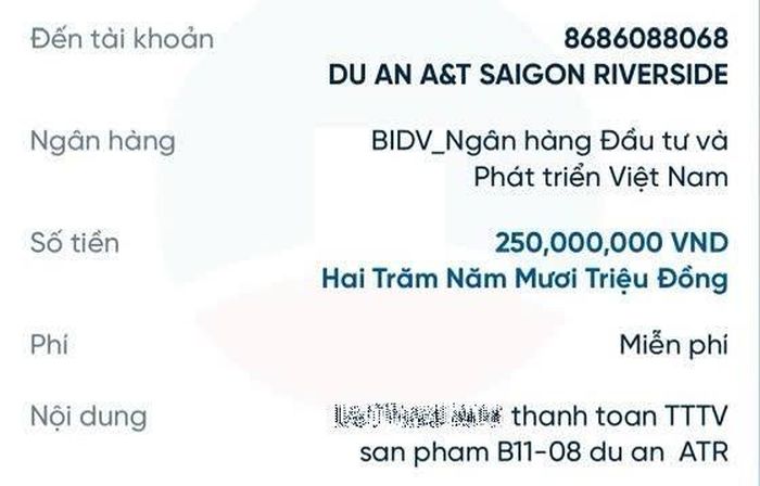 Tiền thỏa thuận được chuyển vào số tài khoản ngân hàng mang tên Du an A&T Saigon Riverside.
