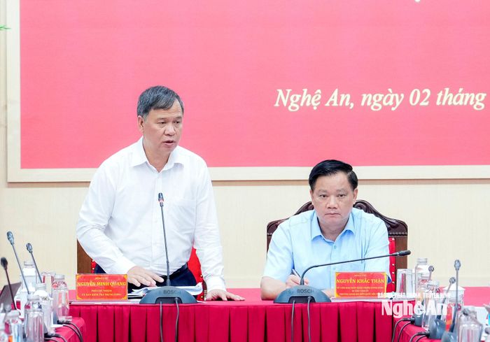 Phó Chủ nhiệm Ủy ban Kiểm tra Trung ương Nguyễn Minh Quang phát biểu tại cuộc làm việc. Ảnh: Phạm Bằng