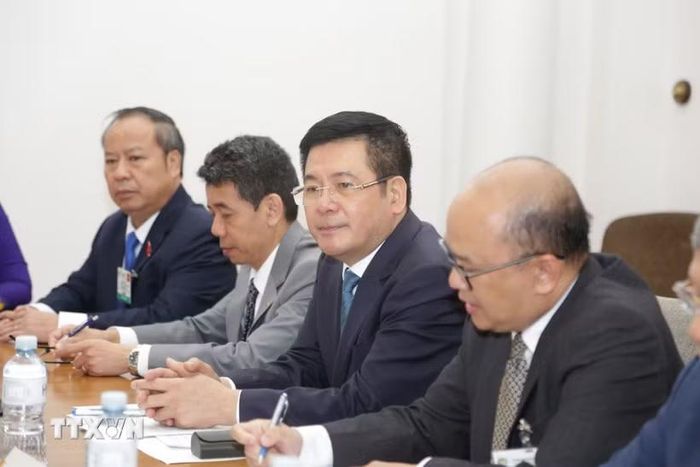 Phó Chủ tịch Quốc hội Nguyễn Hồng Diên và Đoàn đại biểu cấp cao Việt Nam tại buổi hội đàm chính thức với lãnh đạo Quốc hội Nam Phi trong khuôn khổ chuyến thăm. (Ảnh: Đặng Huyền/TTXVN)