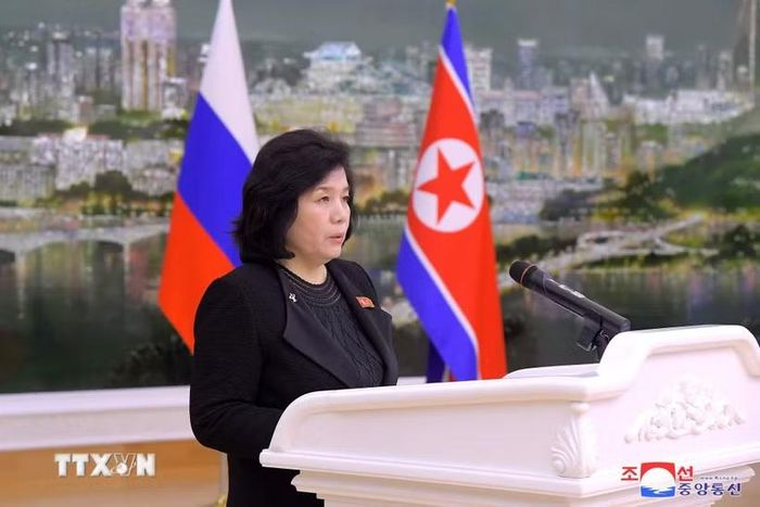 Bộ trưởng Ngoại giao Triều Tiên Choe Son Hui phát biểu tại Bình Nhưỡng. (Ảnh: Yonhap/TTXVN)