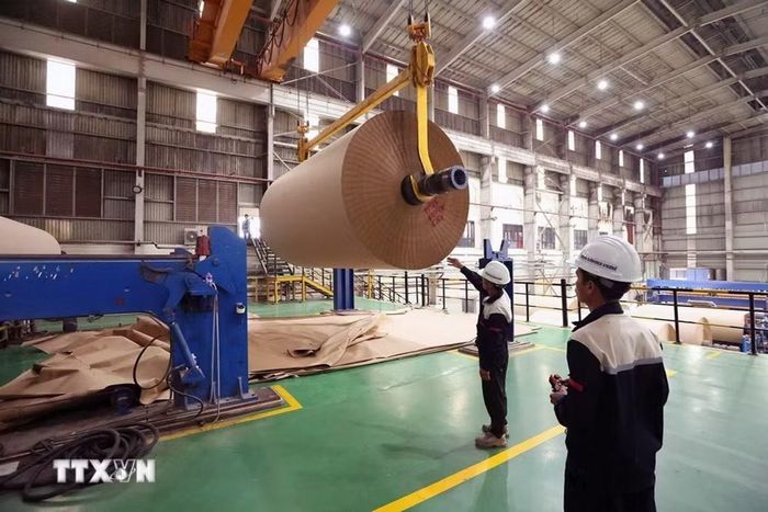 Vận hành sản xuất giấy ở nhà máy giấy bao bì MIZA Nghi Sơn, khu kinh tế Nghi Sơn, tỉnh Thanh Hóa. (Ảnh: Vũ Sinh/TTXVN)