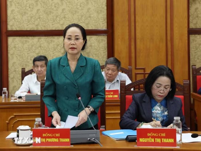 Đồng chí Lâm Thị Phương Thanh, Ủy viên Trung ương Đảng, Bí thư Đảng ủy, Bộ trưởng Bộ Văn hóa, Thể thao và Du lịch phát biểu. (Ảnh: Thống Nhất/TTXVN)
