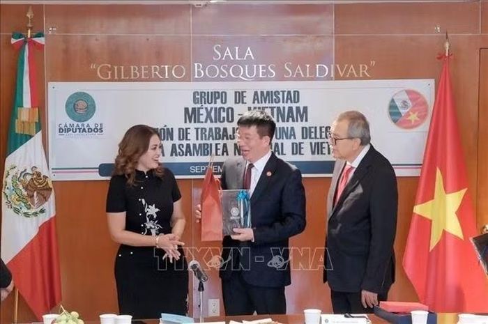 Phó Chủ nhiệm Văn phòng Quốc Hội Phạm Đình Toản tặng quà cho Chủ tịch Nhóm Nghị sĩ hữu nghị Mexico - Việt Nam Ana Karina Rojo Pimentel. Ảnh: TTXVN phát