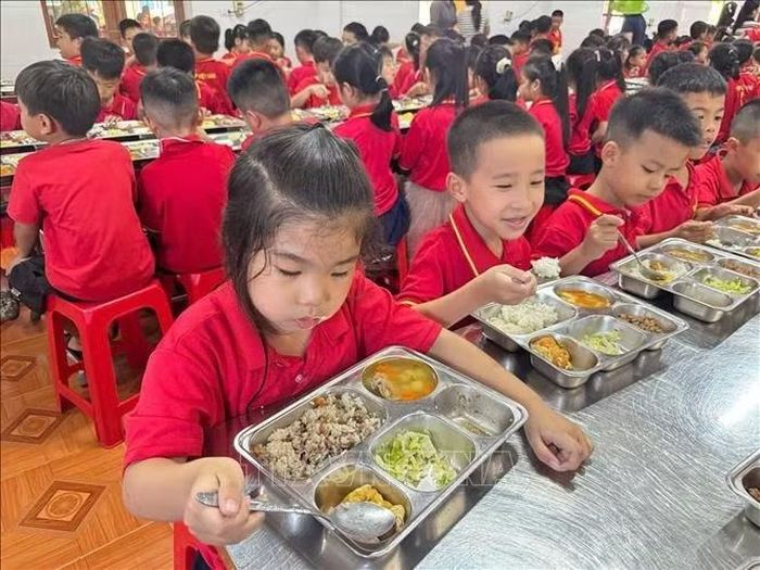 Học sinh hào hứng với bữa ăn trưa tại trường Tiểu học Thạch Hà (tỉnh Hà Tĩnh).
