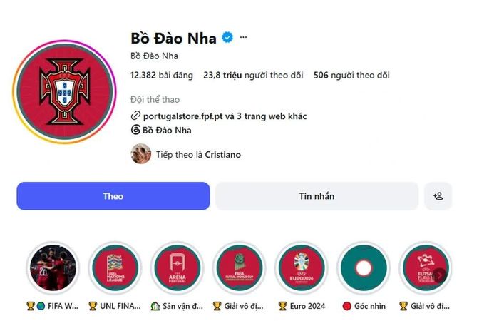 Trang Instagram của Bồ Đào Nha chỉ còn 23,8 triệu người theo dõi sau khi Ronaldo ra đi (Nguồn: Instagram).