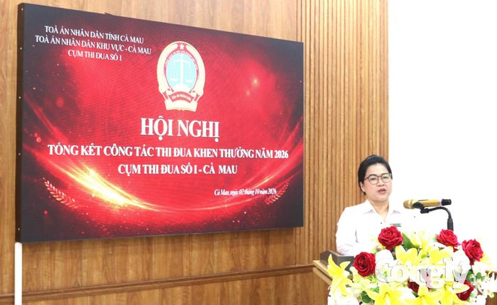Bà Trần Bích Ngọc - Chánh án TAND khu vực 6 - Cà Mau phát biểu tại hội nghị