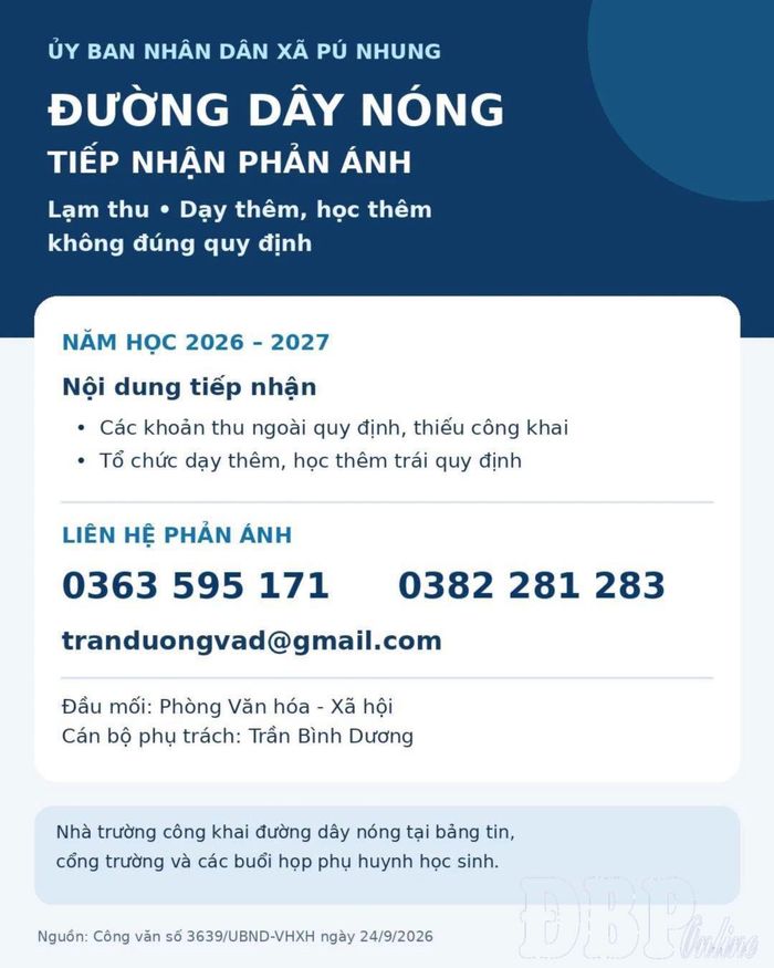 Xã Pú Nhung công khai đường dây nóng tiếp nhận ý kiến của phụ huynh liên quan đến lạm thu, tổ chức dạy thêm, học thêm không đúng quy định.