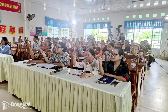 Các đảng viên biểu quyết nội dung sinh hoạt chi bộ. Ảnh: Phương Hằng