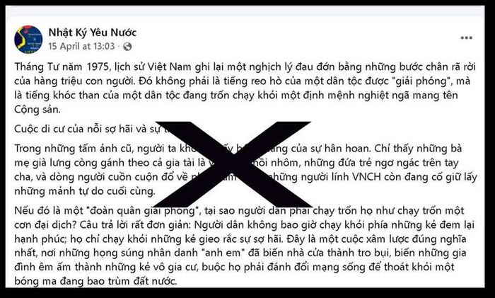 Ảnh chụp bài đăng trên trang “Nhật ký yêu nước” đánh tráo bản chất, vu cáo rằng “Tháng Tư năm 1975, lịch sử Việt Nam ghi lại một nghịch lý đau đớn bằng những bước chân rã rời của hàng triệu con người”.