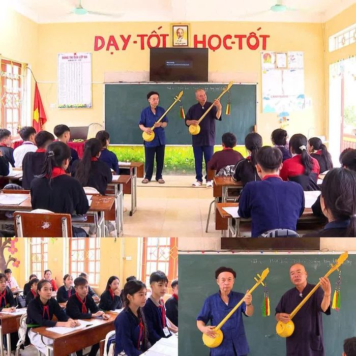 Nghệ nhân Ưu tú Hoàng Tương Lai (áo xanh) và Nghệ nhân Dân gian Hoàng Ngọc Thành (áo đen) ở thôn Xuân Lai, xã Yên Thành truyền dạy điệu hát then, đàn tính cho học sinh