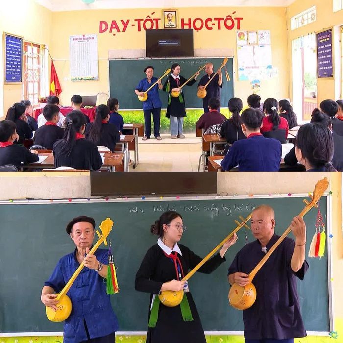 Em Hoàng Thị Trà My lớp 9A1 ( ở giữa) thích thú khi được các nghệ nhân truyền dạy cách đánh đàn tính đặc trưng dân tộc Tày