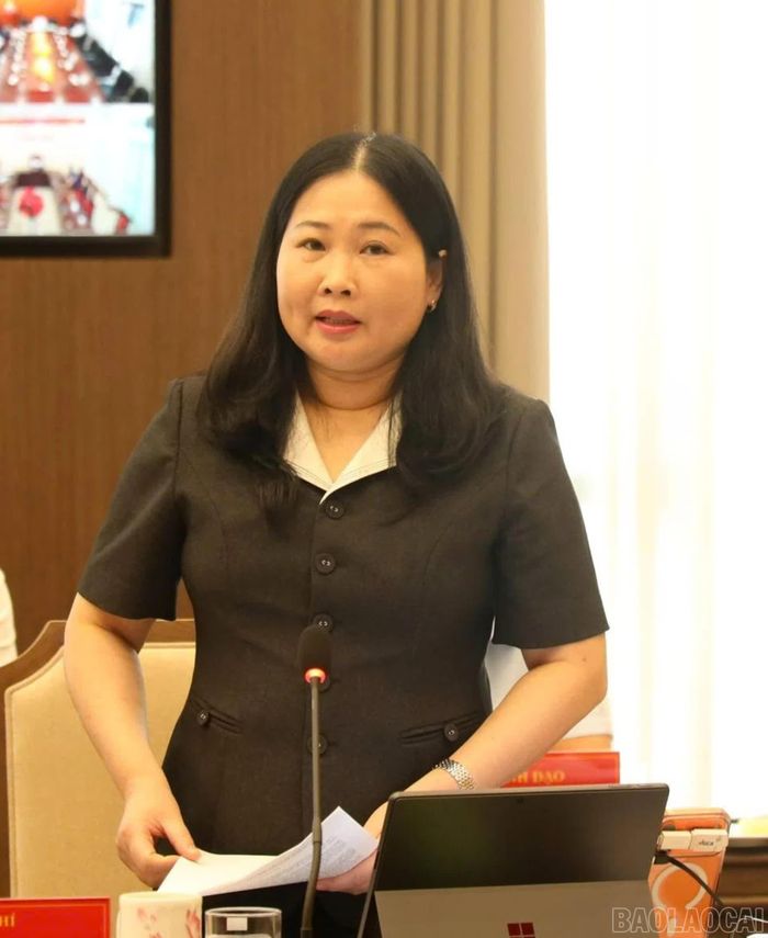 Đồng chí Vũ Thị Hiền Hạnh - Phó Chủ tịch UBND tỉnh phát biểu về công tác điều hành lĩnh vực văn hóa, giáo dục và y tế học đường.
