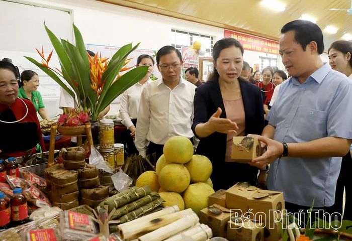 Đồng chí Phó Bí thư Tỉnh ủy, Chủ tịch Ủy ban MTTQ tỉnh Bùi Thị Minh tham quan các gian hàng trưng bày sản phẩm OCOP và đặc sản đặc trưng địa phương tại thôn Ngọc Tân.