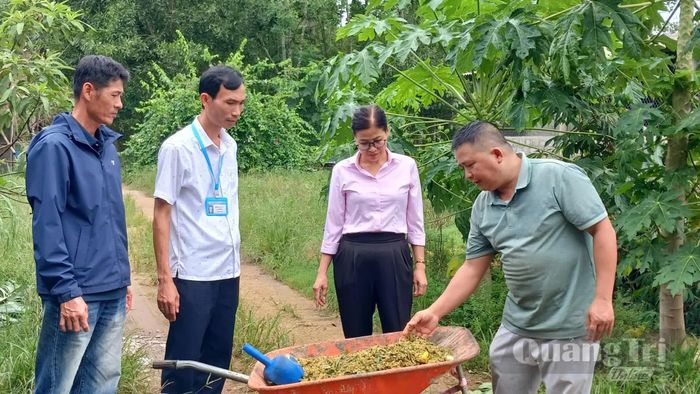 Các thành viên HTX Nông nghiệp sạch Tây Sơn hướng dẫn cách phối trộn thức ăn từ phụ phẩm nông nghiệp cho vật nuôi - Ảnh: N.B