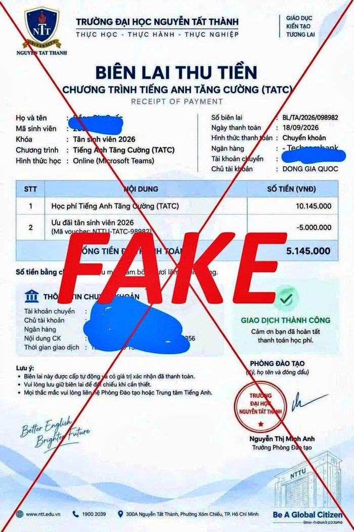 Biên lai thu tiền giả mạo của Trường Đại học Nguyễn Tất Thành.