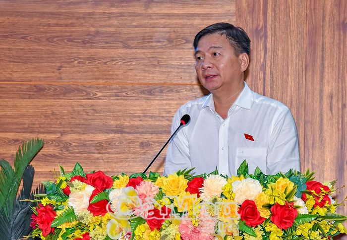 Đồng chí Nguyễn Bình Tân, Phó Trưởng đoàn chuyên trách Đoàn ĐBQH tỉnh, phát biểu kết luận hội nghị.