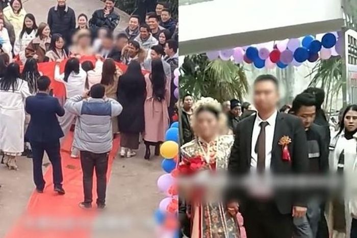 Quan khách thắc mắc tại sao nhà trai không bóc những khẩu hiệu đó xuống sớm hơn để tránh cô dâu nhìn thấy mà đau lòng. Nhiều người còn cười cợt trước tấm biển khó hiểu ấy khiến gia đình cô dâu ái ngại.