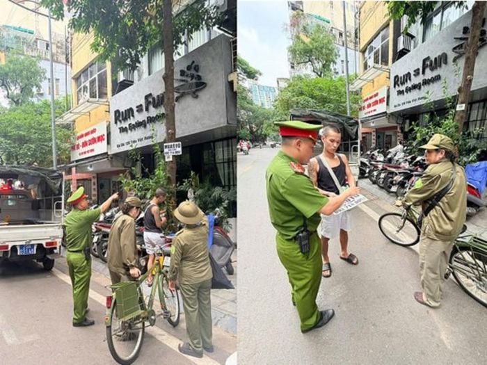 Lực lượng tuần tra "Ba nhất" phát hiện và báo lực lượng cảnh sát trật tự xử lý đối tượng dán quảng cáo trái phép trên địa bàn. Ảnh: CACC.