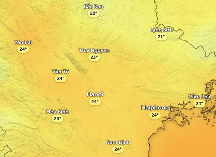 Dự báo nhiệt độ ở một số khu vực tại miền Bắc sáng 5/10. Ảnh: Zoom Earth, OpenStreetMap, ICON.