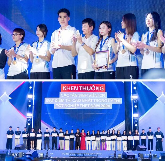 Ban lãnh đạo Trường Đại học Thăng Long khen thưởng các tân sinh viên đạt điểm thi cao và đội bóng chuyền nữ giành giải Ba tại Đại hội thể thao sinh viên toàn quốc 2026