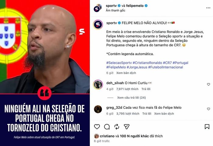  Ronaldo bấm thích bài đăng về phát biểu của Melo. 
