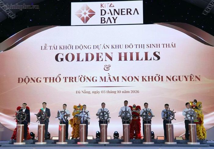 Phó Thủ tướng Thường trực Chính phủ Phạm Gia Túc và các đại biểu tái khởi động Dự án Khu đô thị sinh thái Golden Hills và động thổ Trường Mầm non Khởi Nguyên - Ảnh: chinhphu.vn/Phương Nguyên