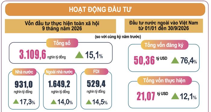 Hoạt động đầu tư 9 tháng. Ảnh: Cục Thống kê