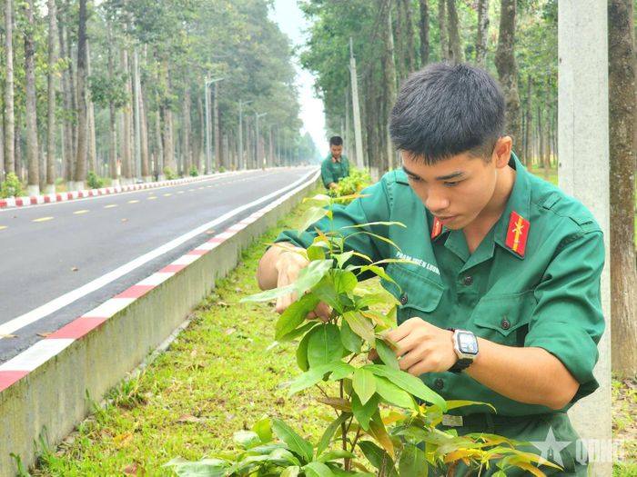 Bộ đội Sư đoàn 9 chăm sóc cây ở “Tuyến đường kiểu mẫu”. 