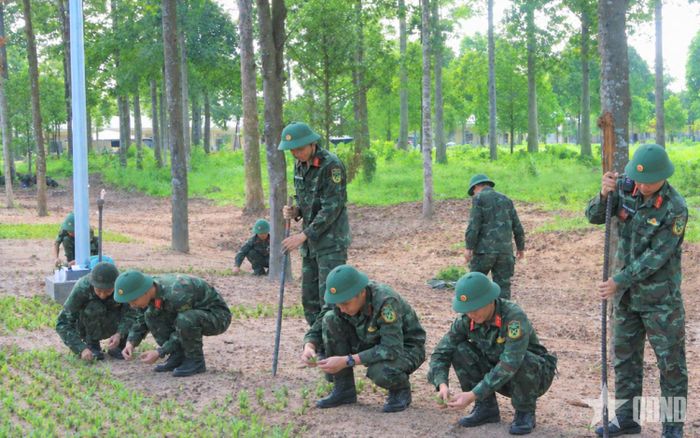  Bộ đội Sư đoàn 9 trồng cỏ phủ xanh khu vực thao trường huấn luyện. 