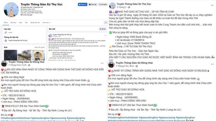 Fanpage giả danh giáo xứ và thông tin của linh mục quản xứ do Vương và Lợi tạo lập để kêu gọi quyên góp xây dựng nhà thờ.