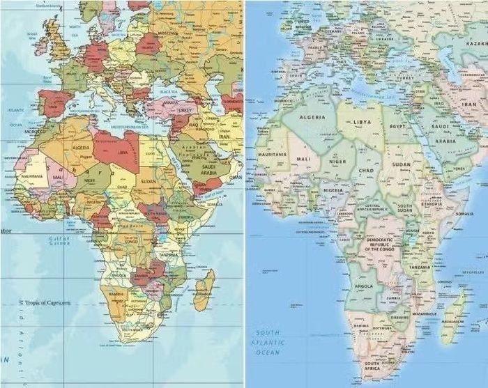 Châu Phi trên bản đồ thế giới truyền thống theo phép chiếu Mercator (trái) và trên bản đồ Equal Earth năm 2018 (phải). Ảnh: Equal Earth.