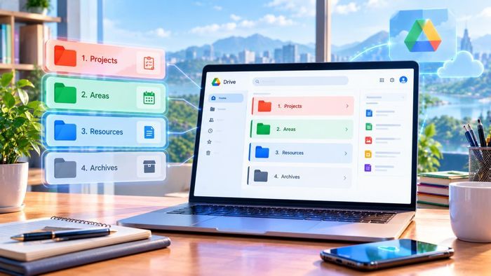 Giao diện màn hình gốc Google Drive được chuẩn hóa theo cấu trúc bốn thư mục PARA với thứ tự đánh số và bảng màu trực quan giúp tối ưu hóa khả năng nhận diện công việc. Đồ họa: Thái Bình